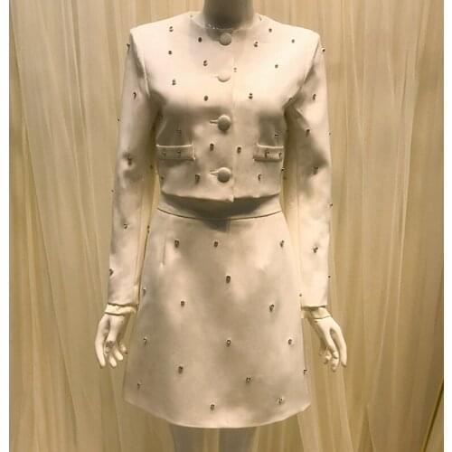 Two Piece Set Women Crop Jacket Spring Autumn Diamonds+High Waist Skirt