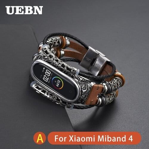 UEBN Leather Retro watchband for xiaomi miband 4 With metal embossed border Wriststrap DIY Bracelet For miband 3 smart wristband