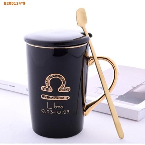 Mug Twelve Constellation Ceramic Mug Gold Handle Couple Water Cup Personality Coffee Cup With Lid Spoon Gift Box Set Cup B200124
