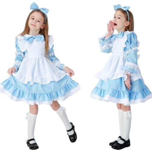 Sweet Girls Baby Kids Women Dress Lolita Maid Ruffle Lace Cosplay Costume Long Sleeve Princess Dresses+Bow Headband AFC389