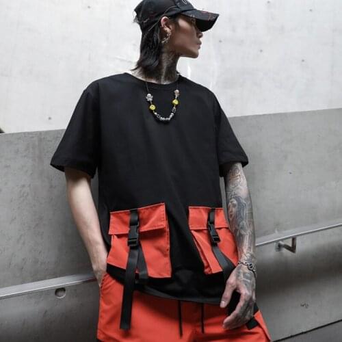 High street 2020 Summer Hip hop t shirt men Pockets Short sleeves Black White Orange color