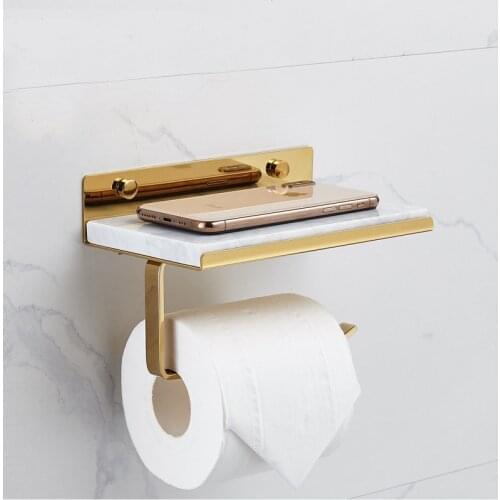 Natural Marble Brass Bracket Roll Paper Holder Toilet Tissue Hand Tray Mobile Phone Rack