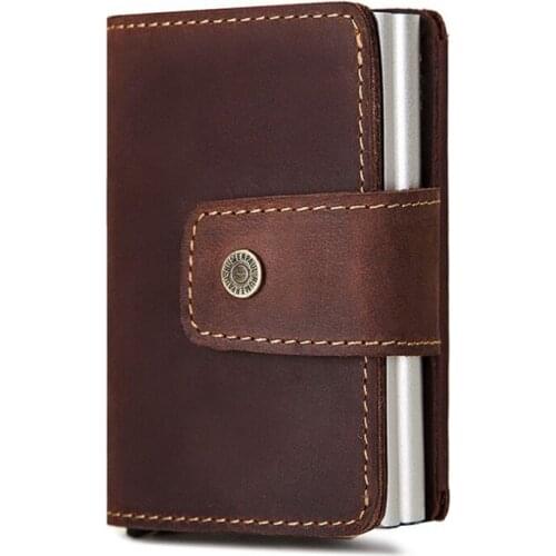 New Rfid Men Genuine Leather Credit Card Holders ID Bank Card Case Automatic Pop up Card Holder Aluminium Blocking Card Wallets