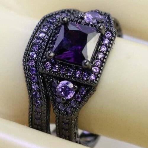 Wholesale Fashion Jewelry Princess Cut Purple Zircon stone Black Filled Wedding Ring Set Anniversary