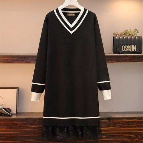 Autumn Winter Lace Woman Sweater Dress Patchwork V Neck Long Sleeve Plus Size Black Midi Dress Ladies Casual Elegant Vestidos