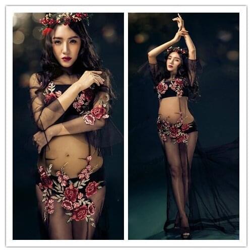 Sexy Embroidery Maternity Photography Props Maternity Dresses For Photo Shoot Mesh Patchwork Pregnant Women Dress Photography