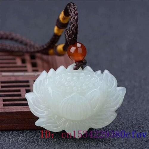 White Jade Lotus Pendant Gifts Charm Women Jadeite Amulet Chinese Necklace Fashion Men Carved Natural Jewelry