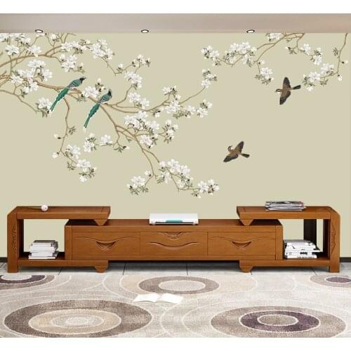 Custom Non-woven Mural 3D Effect Wallpaper Beautiful Stereo Flower Birds TV Wall Mural Living Room Bedroom Waterproof Wallpaper