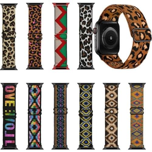Nylon Leopard Solo Loop Watch Strap for Apple Watch 38mm 40mm 42mm 44mm Adjustable Elastic Band for Iwatch Series 6 5 4 3 2 1