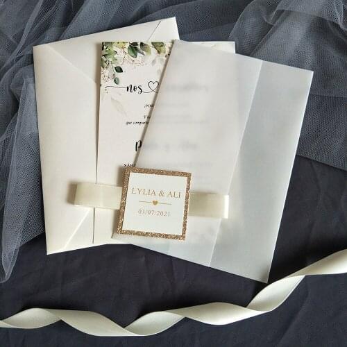 50X Vellum Wedding Invitations with Rose Gold Glitter Tag DIY Personalized Printing Cards For Sweet 15 Birthday Party Invites