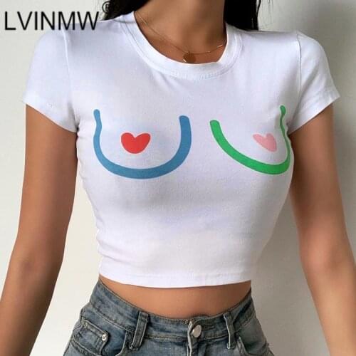 LVINMW Casual Round Neck Short Sleeve Heart Shaped Print White Crop Top 2020 Summer Women Fashion Basic Leisure T Shirt Street