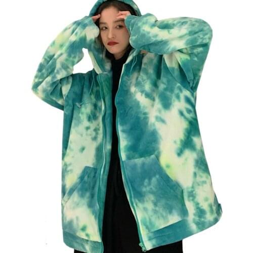 High Quality New Product Winter Women Hoodie Female Sweatshirt Tie-dyed Harajuku Loose Long Sleeves Zipper Drawstring Pullover