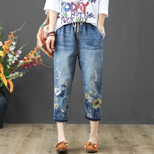Plus Size Womens M-3XL Floral Embroidery Jeans Casual Elastic Waist Vintage Slim Cropped Pants