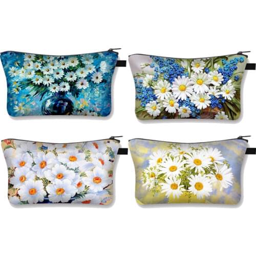 Women Fashion Cosmetic Bags 3D Daisy Printed Daisy Pattern Makeup Bags Organizer Bag Toiletry Girls Mini Handbag