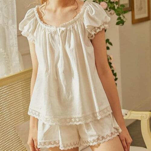 Lolita Courtly Style Female Pajamas Suits Stringy Selvedge Princess Puff Sleeve Pyjamas Sets Nightgown Sleep Loungewear Women