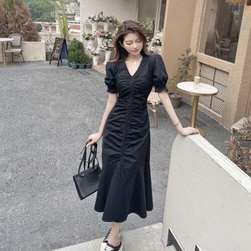 Summer New Design Sense V-neck Pleated Temperament Midi Dress High Waist Slimming Slit Fishtail Dress for Women