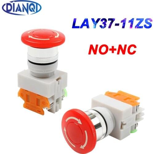 1PCS Plastic Shell Red Sign Push Button Switch DPST Mushroom Emergency Stop Button SwitchAC 660V 10A NO+NC LAY37-11ZS