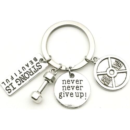2020 Fashion Accessories 25LBS Keychain Mini Dumbbell Barbell Keychain Never Give Up Fitness Keychain Charm Gift Coach Souvenir