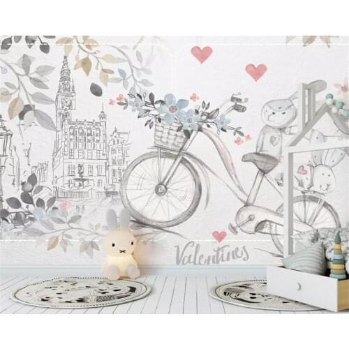 Beibehang Custom Silk material 3d wallpaper Hand Painted cute animal bicycle love child room background decoration 3d wallpaper