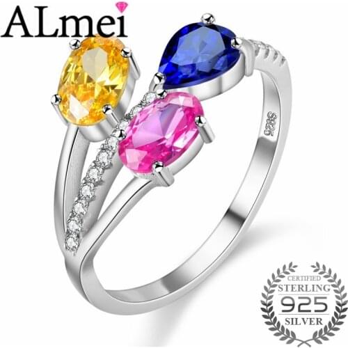 Almei Unique Design Mona Lisa Ring Silver 925 Female Wedding with Colorful Rhinestone Citrine Sapphire Topaz with Box 40% FJ058