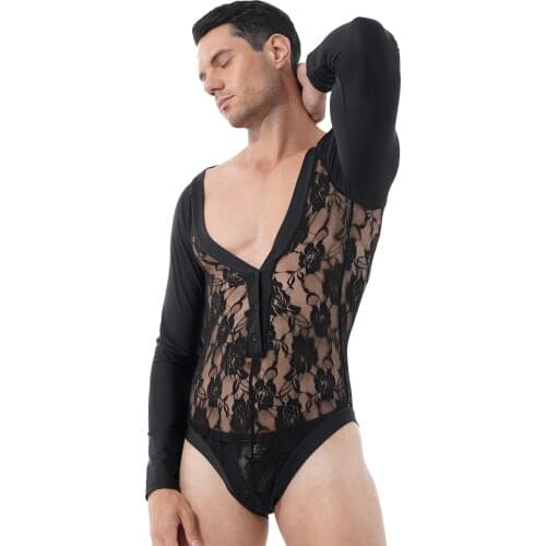 Autumn Spring Fashion Lace Bodysuit Men Teddies Breathable Patchwork Deep V Neck Long Sleeve Button Leotard Nightwear Sleepwear