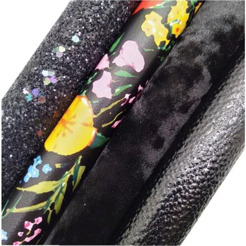 BLACK Glitter Fabric, Vintage Synthetic Leather, Stripes Printed Faux Fabric Sheets For Bow A4 21x29CM Twinkling Ming XM002E