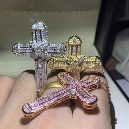 Handmade Long Cross pendant necklace 925 Sterling silver AAAA zircon Cz Party wedding Cross Pendant for women men Hiphop Jewelry