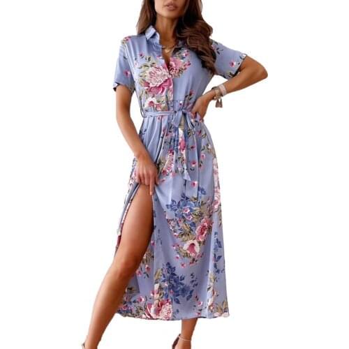 Women Lapel Dress Elegant Floral Print High Waist Loose Dress Daily Wear Hot Sales