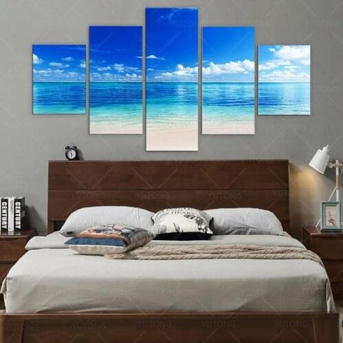 Home Decor Living Room Wall Art Framed HD Printed 5 Panel Azure Sky Clear Water Seascape Painting Modular Pictures Modern Canvas