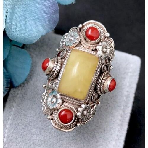 New S925 pure silver handmade natural beeswax organic gemstones women ring Tibetan vintage jewelry