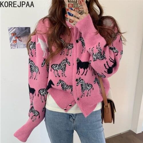 Korejpaa Women Cardigan 2021 Autumn Korea Temperament Ladies Round Neck Single-Breasted Zebra Jacquard Casual Knitted Sweater