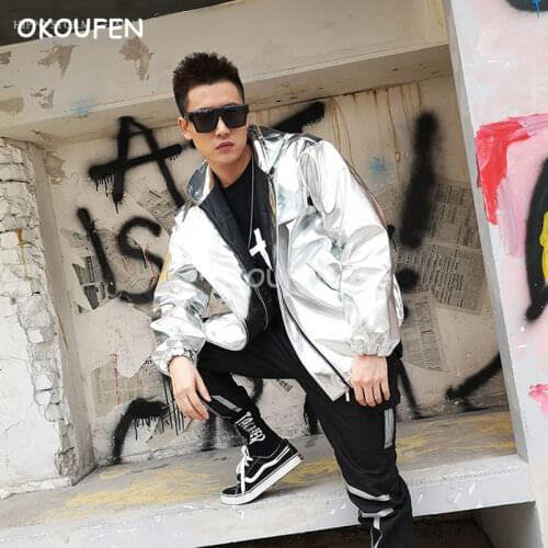 2019 New Mens Hip hop hooded PU Leather Jacket nightclub tide male host dancer jacket Stage show loose jacket performance coat