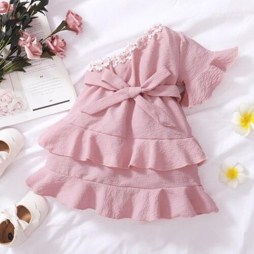 Toddler Baby Girls Summer Dress Cute Short Sleeve One Shoulder Solid Belted Ruffle Dress Cotton Infant Clothes Children Outfits
