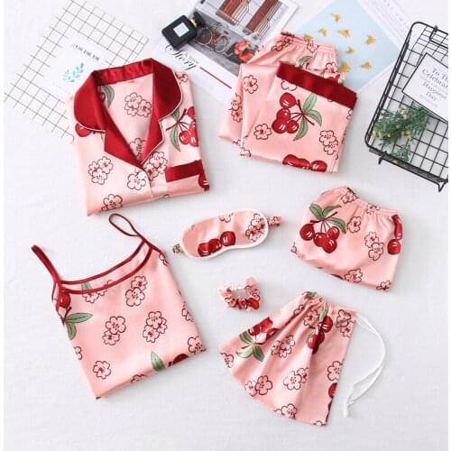 Summer Sexy Pajamas With Suspenders Ice Silk Pajamas Thin Silk Imitation Home Dress Casual Sleep Set 7PCS Lounge Lingerie