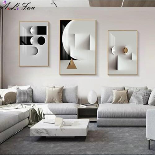 Minimalist abstract line, black and white line, painting on canvas, round geometric poster, wall image for living room decor
