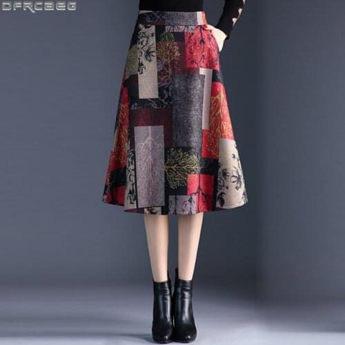 Fashion Street Wear Midi Skirt For Women Aesthetic Woolen Autumn Winter Skirts Female High Waist Print A-line Skirt Plus Size