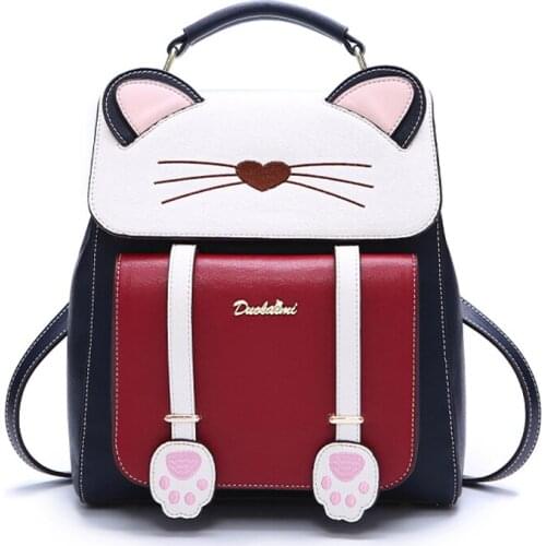 Fashion Embroidery Girl Backpacks Cartoon Cat Student School Bags PU Leather Women Backpack Female Shoulder Bag Black
