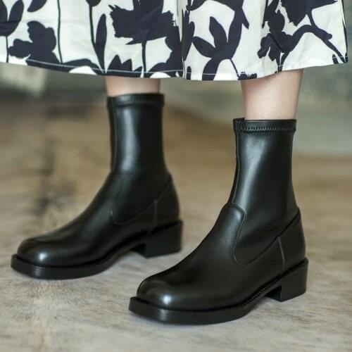 Fashion Women Genuine Leather Knitting Ankle Boots Winter New Med Heels Party Night Club Shoes Woman Chelsea Boots