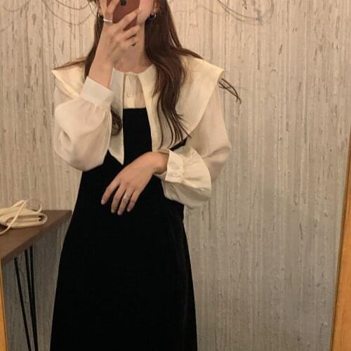 New Autumn Sweet Lantern Sleeves woman Dress big Turn-down Collar Patchwork midi dress Korean Elegant dresses for women Vestidos