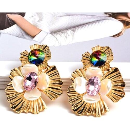 Wholesale New Gold Flower-Shaped Colorful Rhinestone Dangle Earrings High-Quality Fashion Trend Crystal Jewelry Accessories