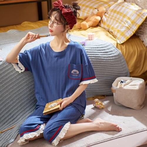 Womens pajamas summer new short sleeve Capris cotton thin cartoon cute loose size can be worn at a loss home Promotion Genuine