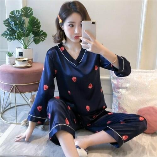 2020 Spring Pyjama Sexy Two Peice Set For Women Summer Ice Silk Thin Plus Size Loose Lounge Home Clothes Long Sleeve Vetement