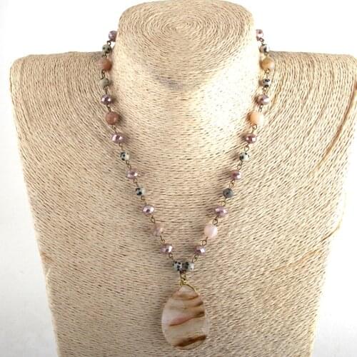 RH Fashion Bohemian Tribal Jewelry Glass & Stones Rosary Chain Natural Dorp Pendant Necklaces For Fashion Jewelry