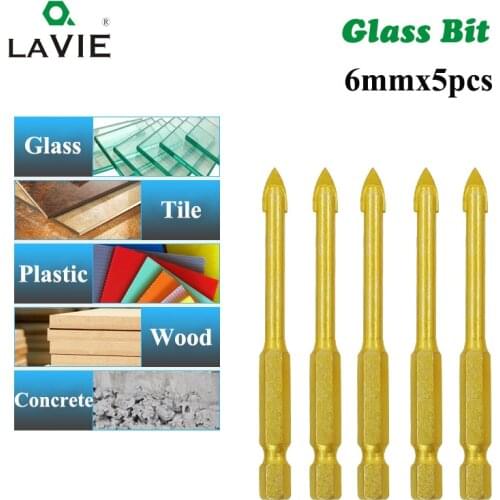 5pcs 1/4" Hex Shank Glass Bits Titanium Coated Glass Drill Set 6mm Tile Concrete Tungsten Flat Tip Hole Bit Drilling 02011