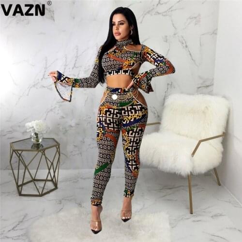 VAZN 2020 Women Long Sleeve Top Slim Outfit Tracksuit Two Pieces Set letter Print High elastic Skinny Leggings Female Sportswear
