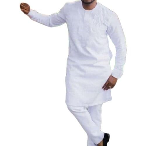 African Party Mens Pant Set Long Sleeve Custom Made Plus Size Solid White Tops+Trousers Drop Shipping
