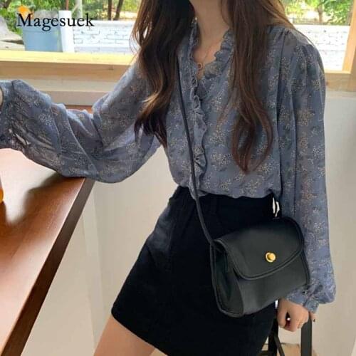 Autumn Sweet Slim Chiffon Blouse Women Puff Sleeve Korea Women Tops and Blouses Cardigan Print Floral Women Shirts Blusas 10314