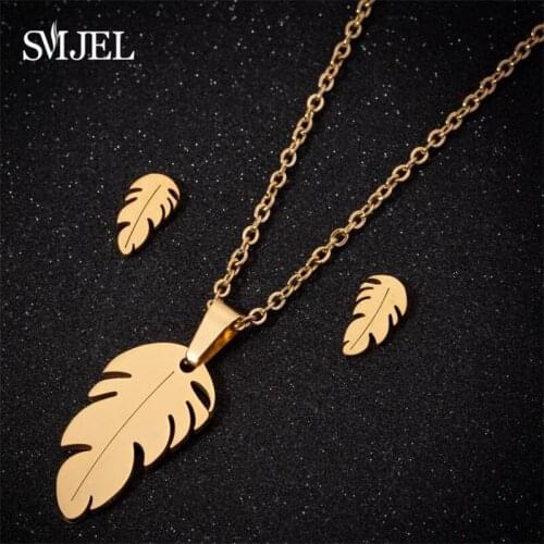 SMJEL Stainless Steel Sets For Women Boho Feather Shape Necklace Earring Jewelry Lovers Engagement Jewelry Kids Gift bijoux