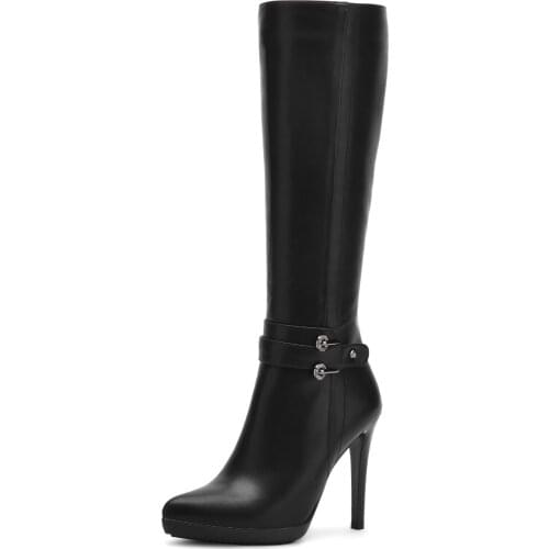 Pointed Toe Thin Heels Winter Shoes Women PU Knee-High Zip Black Boots Solid Short Plush Buckle Pointed Toe Knee High Boots