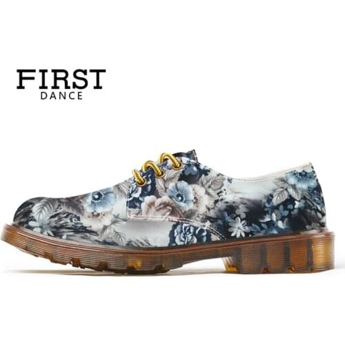 FIRST DANCE Fashion Retro Martin Shoes Women Flats Gray Shoes Female Derby Casual Floral Shoes Flower Breathable For Women